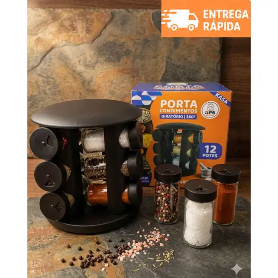 Porta Tempero 6 e 12 Potes de Vidro base Giratório 360° Tampa Dosadora Cozinha Organizada