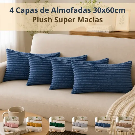 Kit 04 Capas para Almofada Retangular 60cm x 30cm Velvet Sala Quarto Manta Aveludada Macia