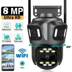 Câmera De Segurança 3 Lentes Wi-Fi 8K Full HD 360° IP66 Com Sirene Visão Noturna Externa Microfone-P15-SP3