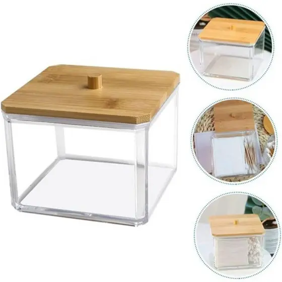 Organizador Acrílico Com Tampa De Bambu 9.5x9x8cm Penteadeira Algodão Cotonete Armazenamento Joias