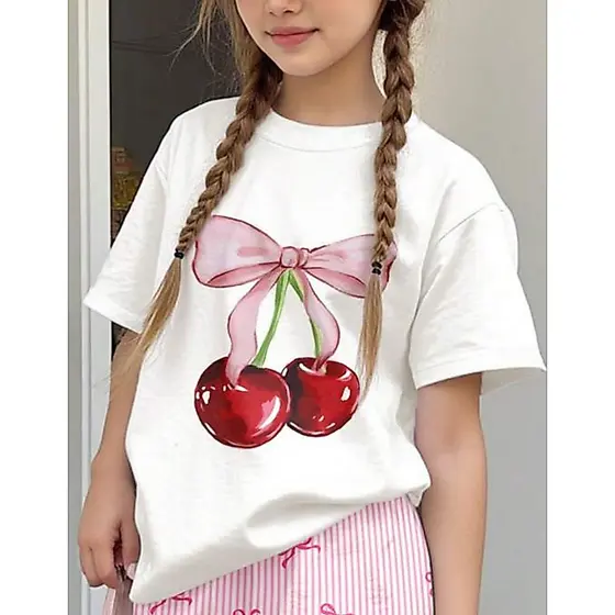 Camiseta Infantil Menina Blusinha Estampada Cherry Modinha Shopping Camiseta Luxo Algodão Manga