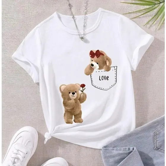 Camiseta Menina Infantil  Casal Ursinho Flor Algodão Premium Confortável Leve Estilosa Blogueirinha