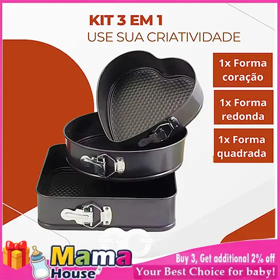 Kit 3 Formas Para Bolo Torta (Coração e Quadrado) Com Fundo Removível Antiaderente Aço Carbono Preto