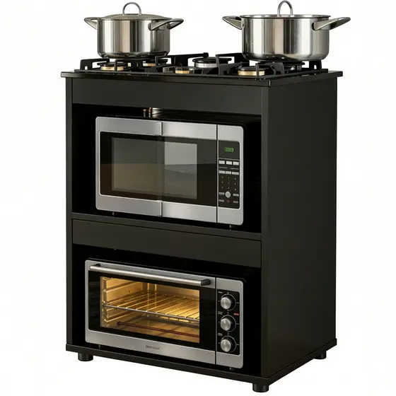 Balcão p/ Cooktop 4 ou 5 Bocas Preto Cozinha Moderna Organizador Armário 2 Nichos Tampo - Blue Moby