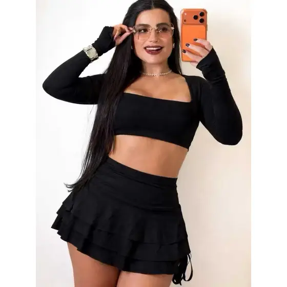 Conjunto 2 peças short saia e cropped manga longa festa feminino