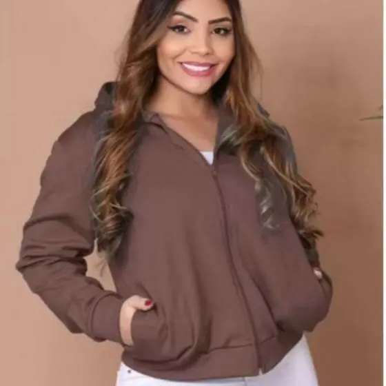 Casaco Feminino Confortável em Moletom Poliéster,liso com capuz,zíper frontal e bolsos laterais