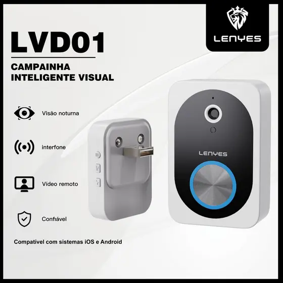 LENYES Campainha Sem Fio com Câmera para Casa, Áudio Bidirecional, Visão Noturna, Compatível com Android e iPhone