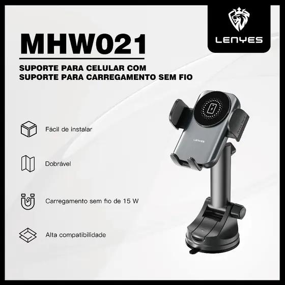 Suporte para Celular Carro com Carregamento Sem Fio 15W Rápido LENYES