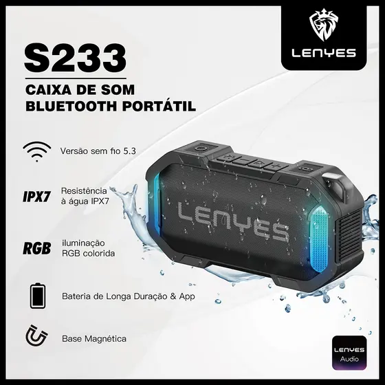 Caixa de Som Bluetooth Inteligente Portátil 5.3 | TWS | IPX7 | RGB | Controle por Aplicativo-LENYES