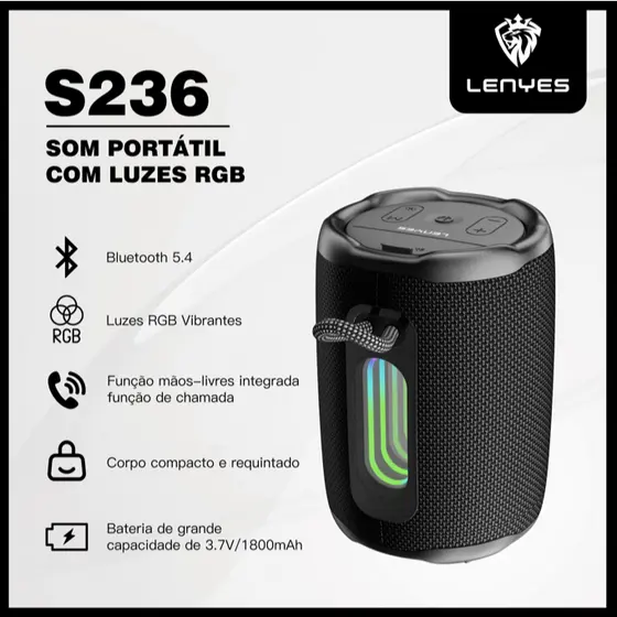 Caixa de Som Bluetooth V5.4 TWS Portátil 8W USB TF AUX LENYES