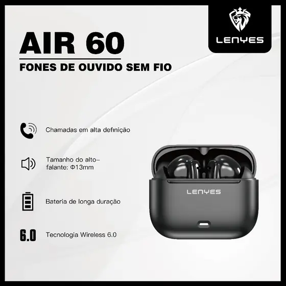 Fone de Ouvido Bluetooth Sem Fio, Som de Alta Fidelidade, 20h de Bateria e Microfone – LENYES