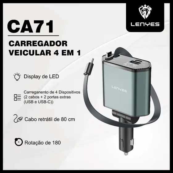 Carregador de Celular para Carro 4 em 1 com Cabos Retráteis e Tela LED LENYES