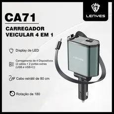 Carregador de Celular para Carro 4 em 1 com Cabos Retráteis e Tela LED LENYES