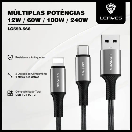 Cabo Tipo C 60W a 240W PD Carregamento Rápido, 1M / 2M, Alumínio LENYES