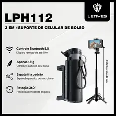 Suporte Celular 3 em 1 121g, Grip, Tripé e Pau de Selfie Portátil com Sapata Fria LENYES