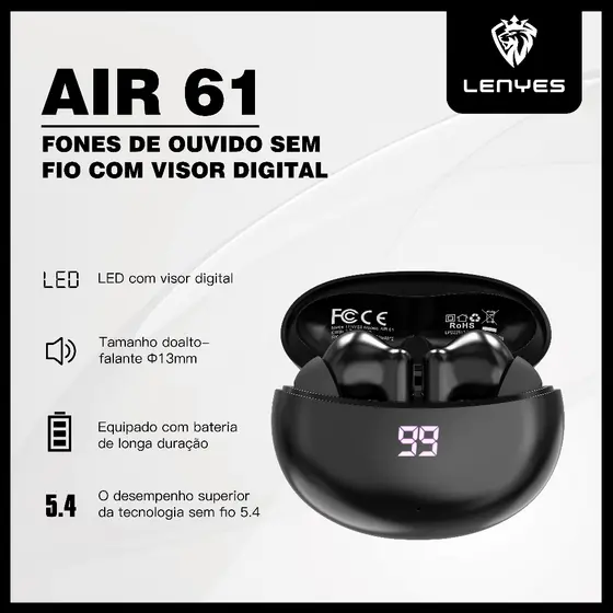Fone de Ouvido Bluetooth 5.4 Sem Fio, Case Com Display Digital Fone de ouvido intra-auricular LENYES