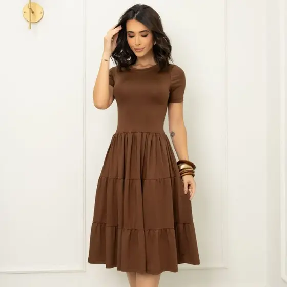 Vestido Feminino Midi Manga Curta Rodado Três Marias Casual Elegante Moda Evangélica