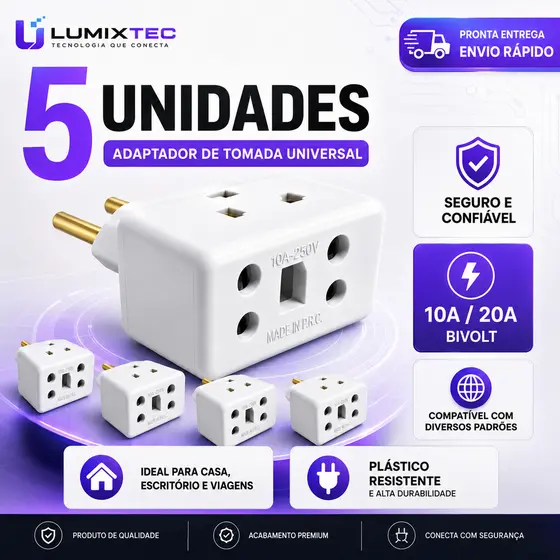 Adaptador de Tomada c/ 5 Benjamin 20A Pino Maciço Bob Resistente
