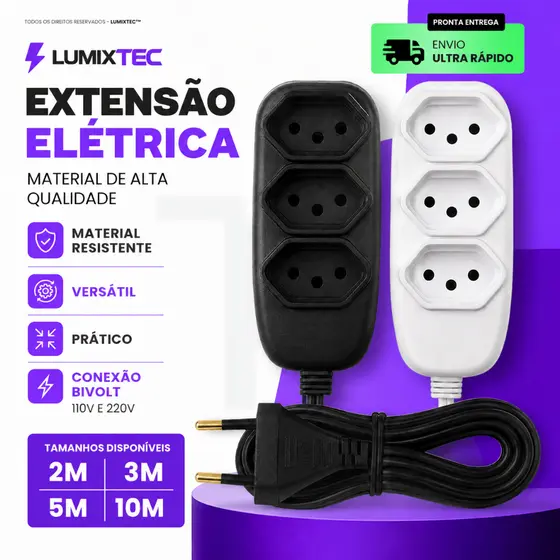 Extensão Elétrica 2, 3, 5, 10 Metros Extensão de Energia Resistente Bivolt