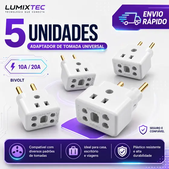 Adaptador de Tomada Pino Maciço 10A/20A Universal 1,3,5,10 Benjamin Bob Esponja Resistente