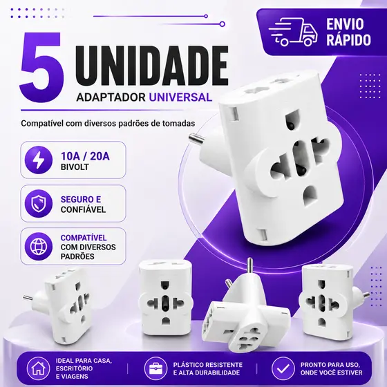 Adaptador Tomada Benjamin 10A Pino Maciço T Resistente plug Tripolar universal 110/220v bivolt