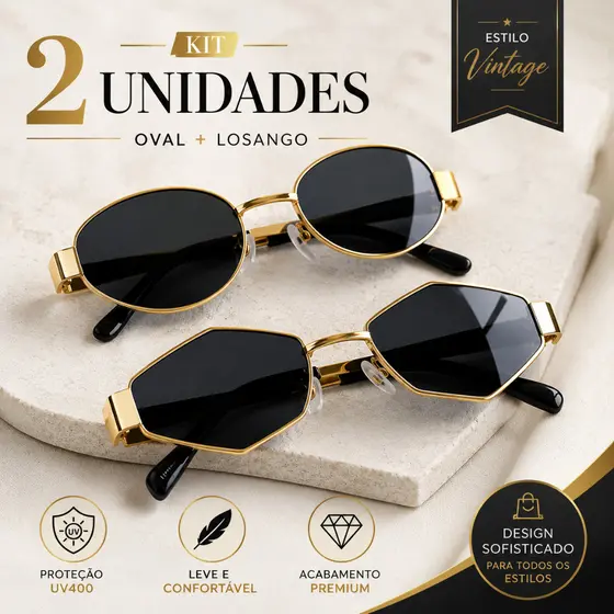 Óculos De Sol Ovais Vintage 2 Peças Losango Com Proteção UV400 , Armação De Metal Para Mulheres E Homens