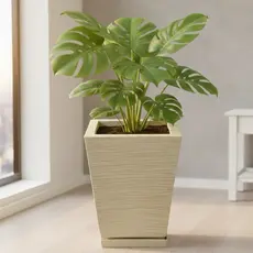Vaso para Planta Escovado Quadrado com Prato Resistente Decorativo Em Polietileno