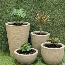 Kit 4 Vasos Texturizados Planta Flor Polietileno Coluna Redonda N1 N2+ Bojo N1+Bacia N1 com Prato