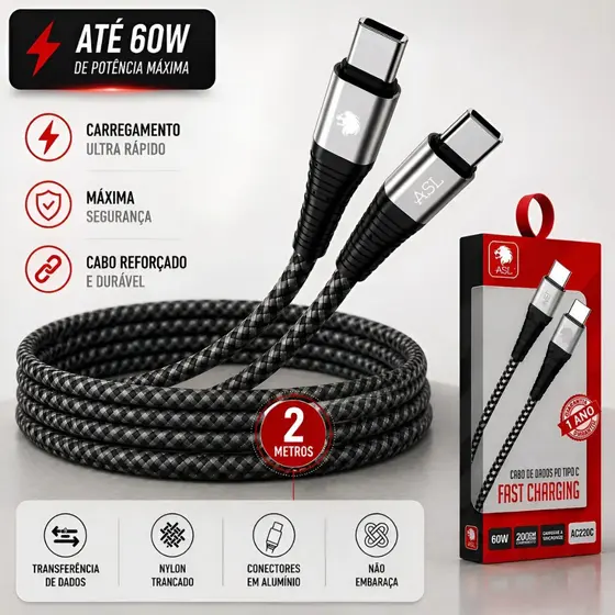 CABO USB NYLON TIPO-C A TIPO-C 60W DE 2 METROS AC220C