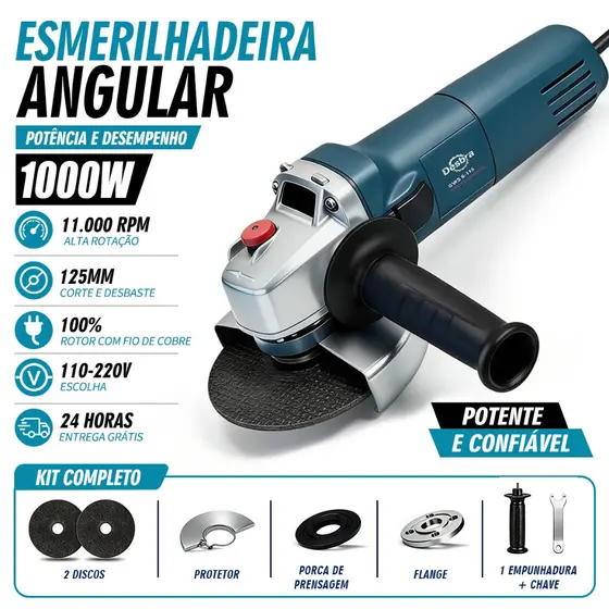 Esmerilhadeira Angular Bivolt 110/220V 11000RPM Kit Multifunção de Alta Performance para Corte Lixagem e Polimento