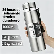 Garrafa 1000ml Inox Térmica Com Infusor Prata De Água Café Parede Dupla Com Alça-Para