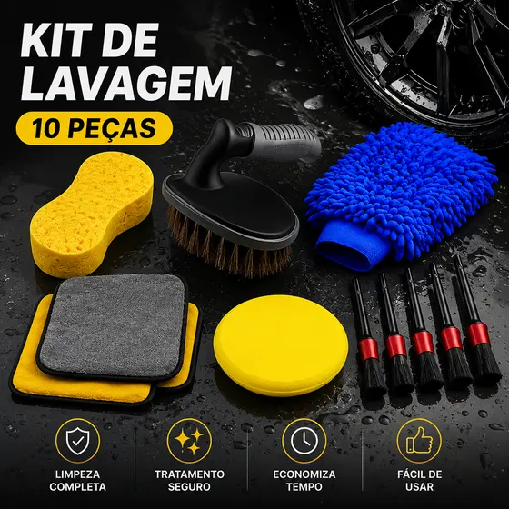 Kit 10 Peças Lavagem Automotiva Esponja + Escova de Pneu + Flanela + Aplicador de Cera + Luva Microfibra + Kit Pincel
