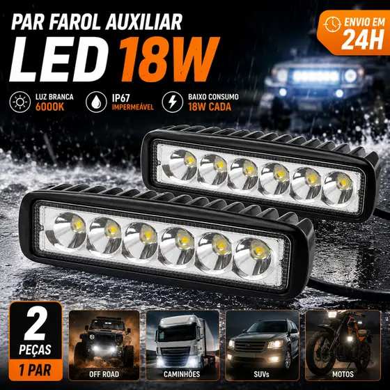Par Farol de Milha Auxiliar Barra Universal Carro 6 Leds 18w 12v 6000k A prova d'água Off Road Moto Carro Caminhão suv
