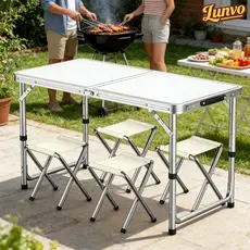 Mesa Dobrável Maleta Alumínio 120*60cm E 4 Banqueta Portátil mall inline badgeMesa 1,20m Vira Com Alça Resistente Oferta