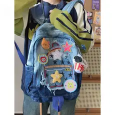 Mochila vintage de estilo americano em jeans com apliques de estrelas, mochila para estudantes, costura em forma de D co
