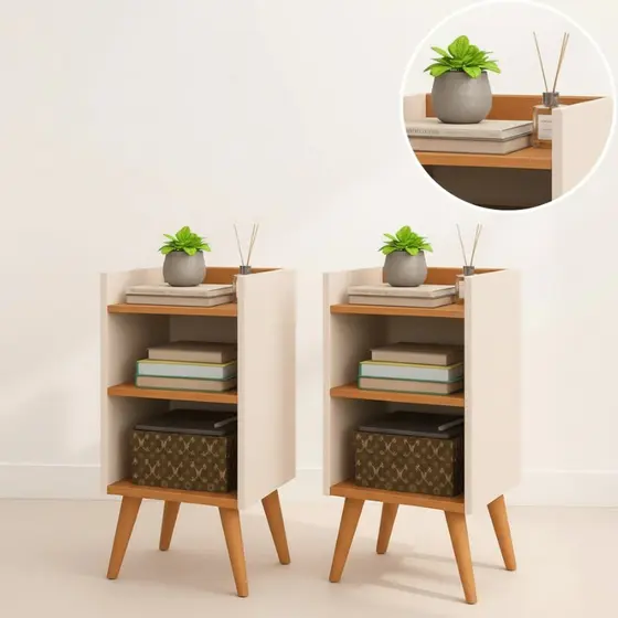 Mesa de Cabeceira Retrô Max C/ Porta Celular Criado Quarto Prateleira Nicho Mesa de Apoio Com PES