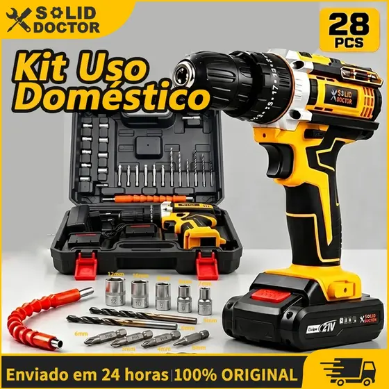 Solid Doctor Kit Furadeira e parafusadeira Uso Doméstico 21V Sem Fio Impacto com 2 baterias