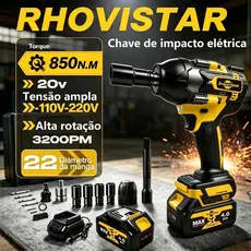 Rhovistar Chave De Impacto Sem Fio, 850NM Motor Brushless 20V,2 Baterias De 4.0AH,Acompanha Todos Os Acessórios e Maleta
