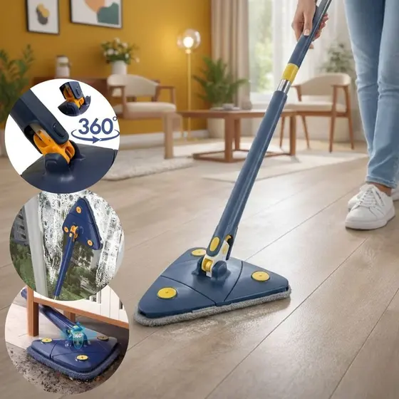 Mop de Limpeza Giratório 360° Triangular Microfibra Cantos Quinas Escadas Rodapés