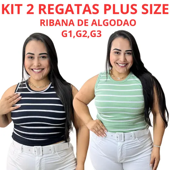 Kit 2 Blusa Regata Feminina Plus Size Ribana De Algodao Tamanho Grande Ate o G3 Verao Promocao