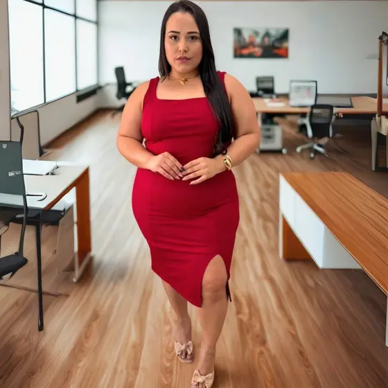 Vestido Feminino Plus Size Midi com Fenda Frontal Alça Larga Gola Quadrada Tecido Premium Forrado