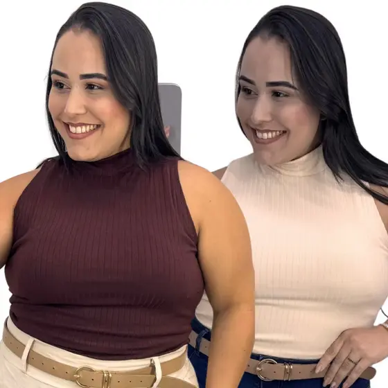 Kit Com 2 Regatas Feminina, Malha Canelada Premium, Gola Alta em Ofertas Imperdiveis