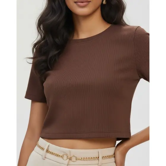 Blusinha Cropped Marrom Manga Curta Feminino Ribana Canelada premium elegante