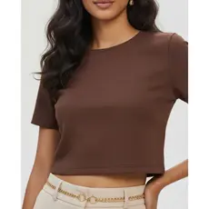 Blusinha Cropped Marrom Manga Curta Feminino Ribana Canelada premium elegante