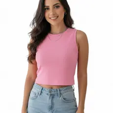 Regatinha Cropped Rosa Feminina Básica Ribana Canelada Premium elegante