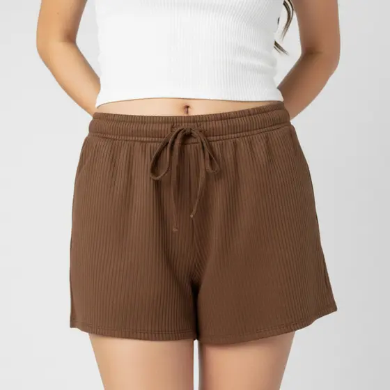 Shorts Marrom Feminino Ribana Canelada Premium Elegante
