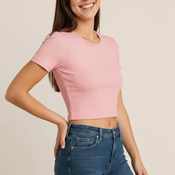 Blusinha Cropped Rosa Manga Curta Feminino Ribana Canelada Premium Elegante