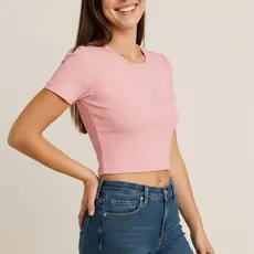 Blusinha Cropped Rosa Manga Curta Feminino Ribana Canelada Premium Elegante