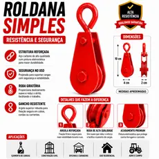 Roldana Gancho Reforçada Elevação Carga Corda Cabo Aço carbono Vermelho 100kg