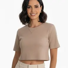 Blusinha Cropped Bege Manga Curta Feminino Ribana Canelada Premium Elegante